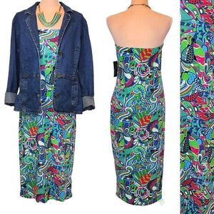 Green Colorful Psychedelic Strapless Bodycon Midi Dress Plussize 1XL NWT